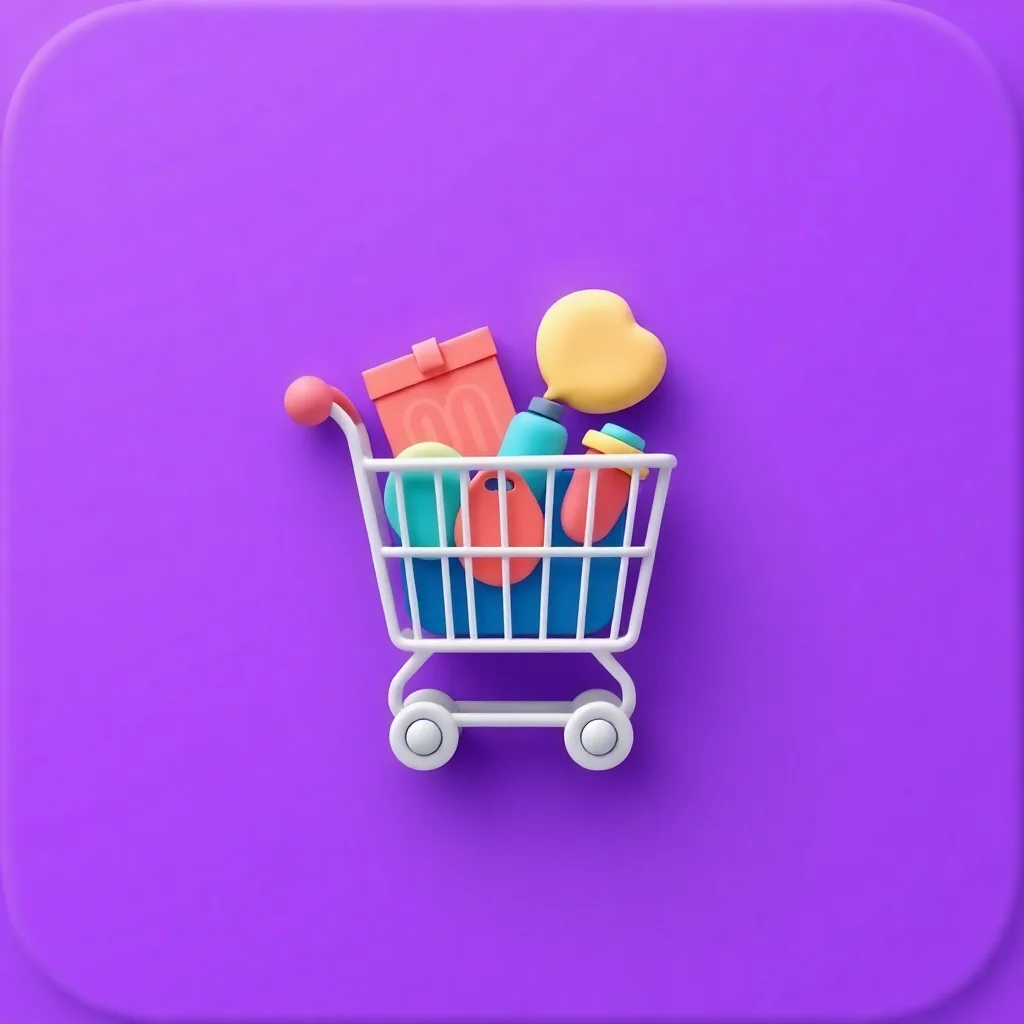 购物 - 3D 粘土 AI 生成的 3D 粘土风格应用图标 - 购物车,适用于电商应用